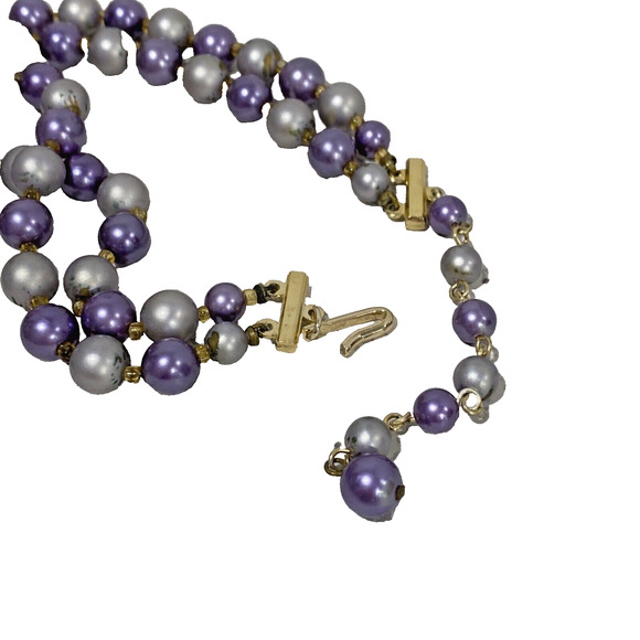 Vintage Mid Century Two Strand Choker Necklace Purple Gray Beaded Signed Japan - Picture 8 of 10